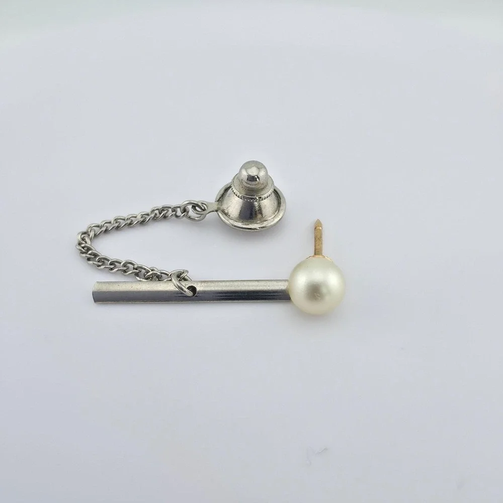 Vintage Faux Pearl Tie Tack Pin Silver & Gold Tone FREE $HIPPING!!